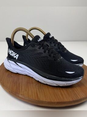 Hoka Clifton 8 Black and White Lightweight Running Sneakers